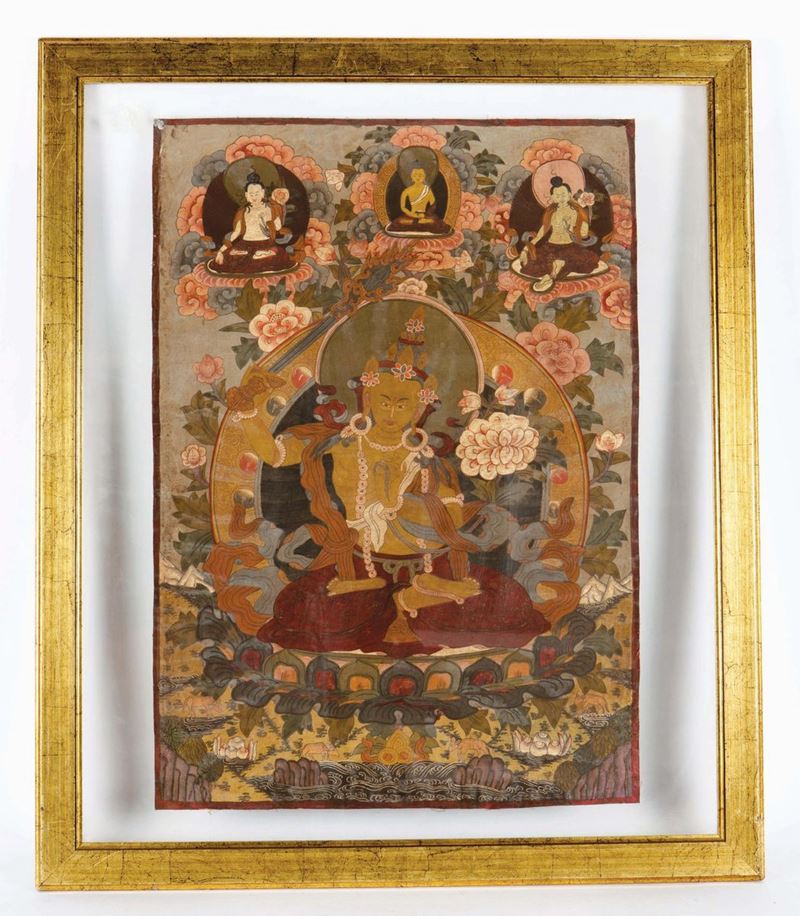 Tanka su seta incorniciato raffigurante quattro divinità, Tibet, XX secolo  - Asta Chinese Works of Art - Cambi Casa d'Aste