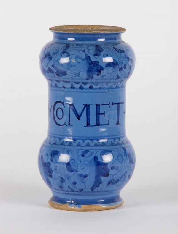 Albarello a rocchetto con insegna di confraternita