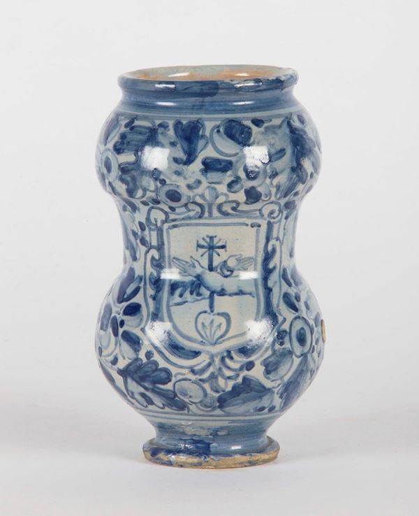 Albarello monocromo con insegna francescana di forma a rocchetto, metà '600