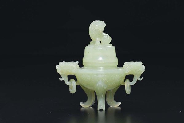 A green jade tripod censer and cover with Pho dog, China, 20th century