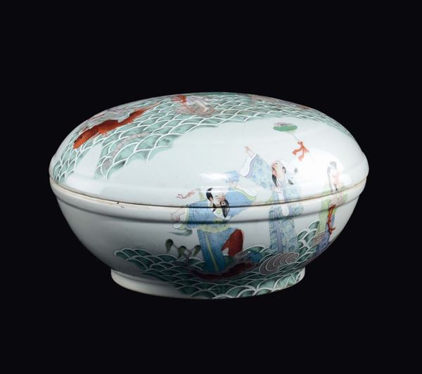 A polychrome enamelled porcelain box and cover with wise men between waves and inscriptions, China, 20th century