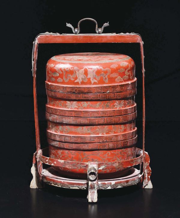 A red lacquer food box with lotus flowers and carps, China, Qing Dynasty, 19th century