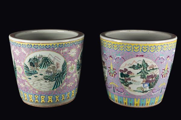 Two Famille-Rose cachepot depicting river landscape within reserves, China, Qing Dynasty, 19th century