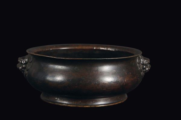 A bronze censer with taotie mask handles, China, Ming Dynasty, 17th century