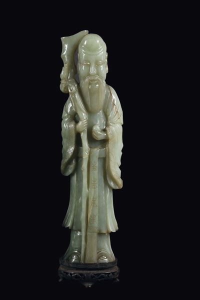 Figura di Shoulao Eretto con Bastone in Giada Celadon, Cina, Dinastia Qing, XIX Secolo