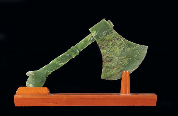 A spinach green axe with engraved figure of phoenix, China, Qing Dynasty, 19th century
