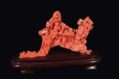 Gruppo in Corallo Raffigurante Ponte con Fanciulli, Cina, Inizio XX Secolo