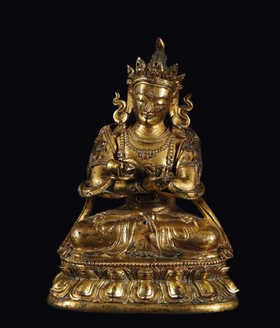 Figura di Vajradhara in Bronzo Dorato su Fiore di Loto con Vajra tra le Mani, Tibet, XVIII Secolo