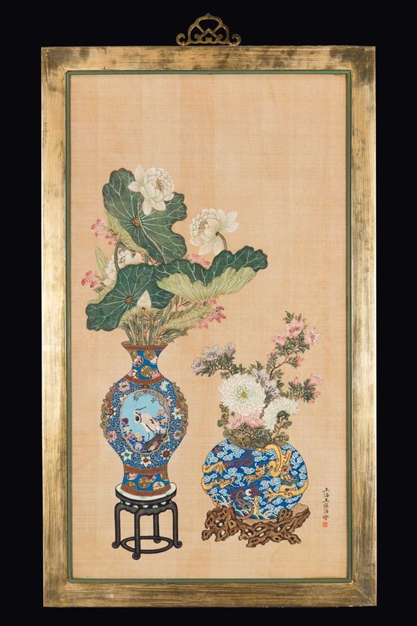 A pair of framed paintings on silk with flower pots and inscription, China, Qing Dynasty, half 19th century