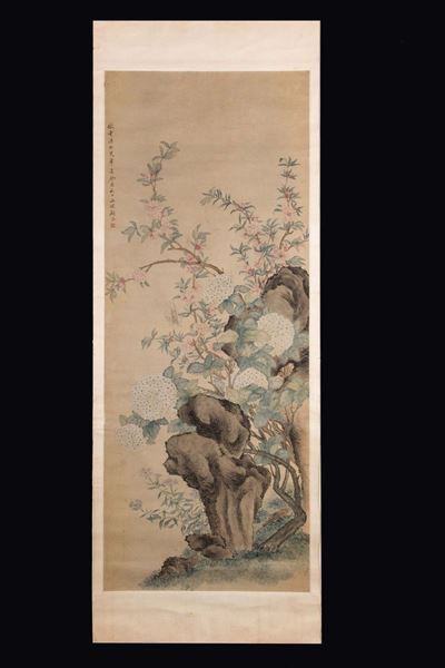 Dipinto su Carta Incorniciato Raffigurante Rami Fioriti con Iscrizione, Cina, Dinastia Qing, XIX ...