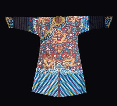 Veste in Seta a Fondo Marrone con Ricamo di Draghi Dorati, Cina, Dinastia Qing, XIX Secolo