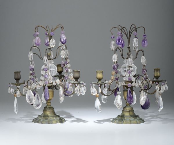 Coppia di girandoles in cristallo di rocca e ametiste, XVIII secolo