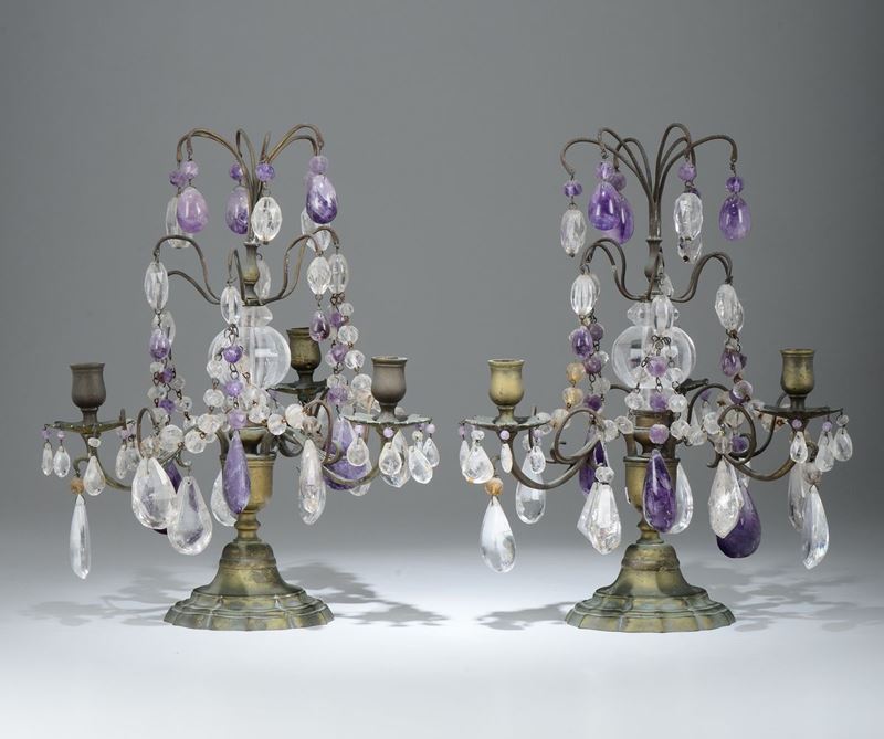 Coppia di girandoles in cristallo di rocca e ametiste, XVIII secolo  - Auction Fine Art - Cambi Casa d'Aste