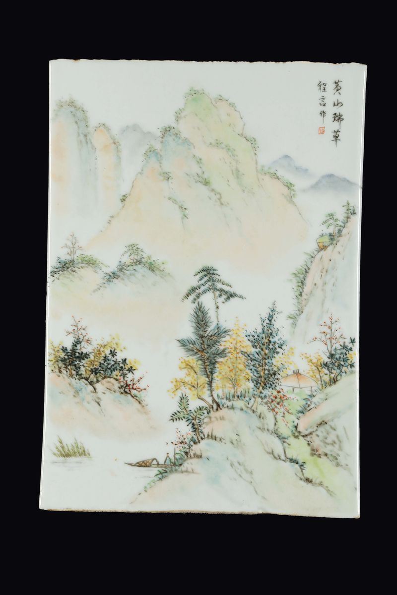 A polychrome enamelled porcelain plaque with mountain landscape and inscription, China, Qing Dynasty, 19th century  - Auction Fine Chinese Works of Art - Cambi Casa d'Aste