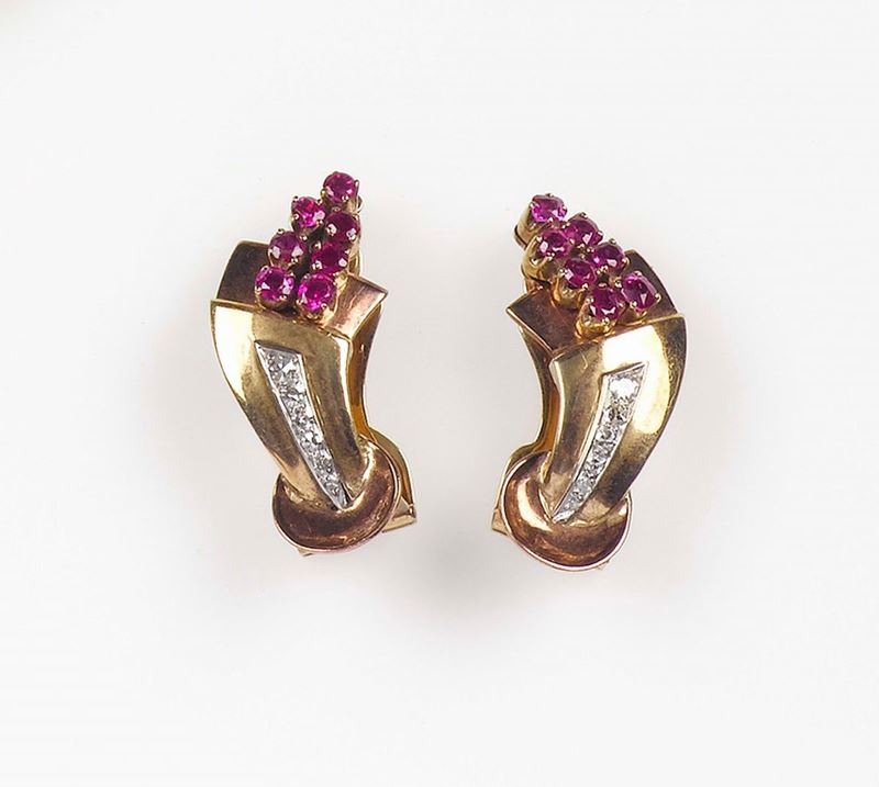 A ruby and diamond Art deco earrings. Mounted in pink gold 750/1000  - Auction Fine Jewels - Cambi Casa d'Aste