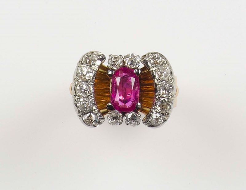 A Burma ruby and diamond ring. Mounted in yellow gold 750/1000  - Auction Fine Jewels - Cambi Casa d'Aste