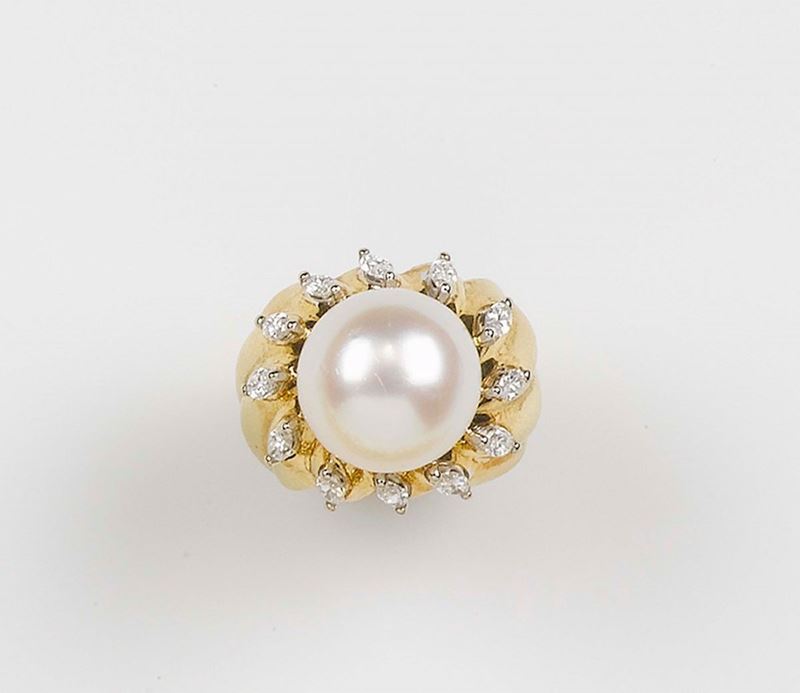 Anello con perla e diamanti taglio navette  - Asta Fine Jewels - Cambi Casa d'Aste
