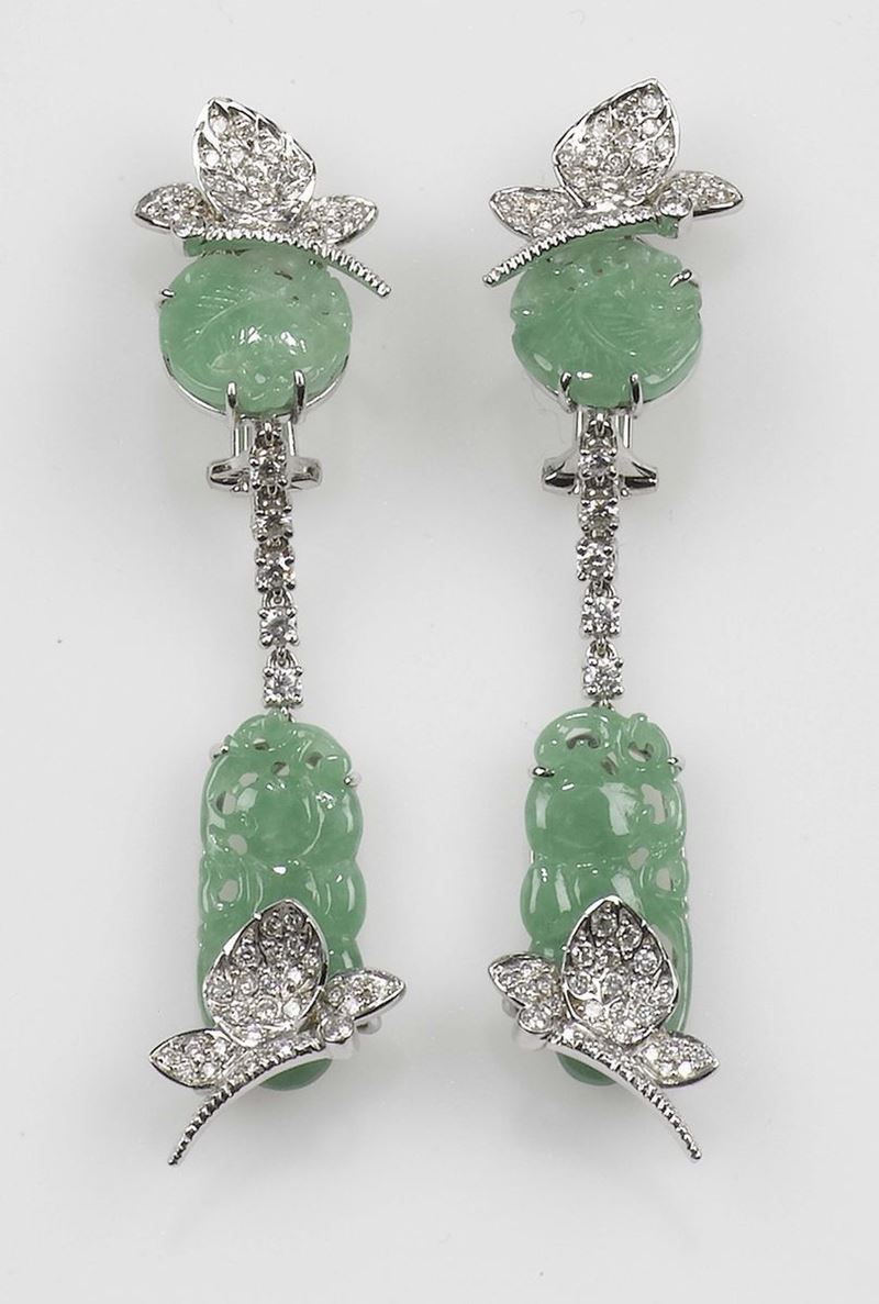 A jadeite and diamond pendant earrings. Mounted in white gold 750/1000  - Auction Fine Jewels - Cambi Casa d'Aste