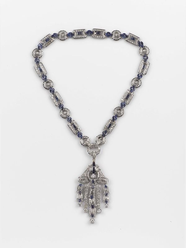 A diamond, sapphire and platinum necklace