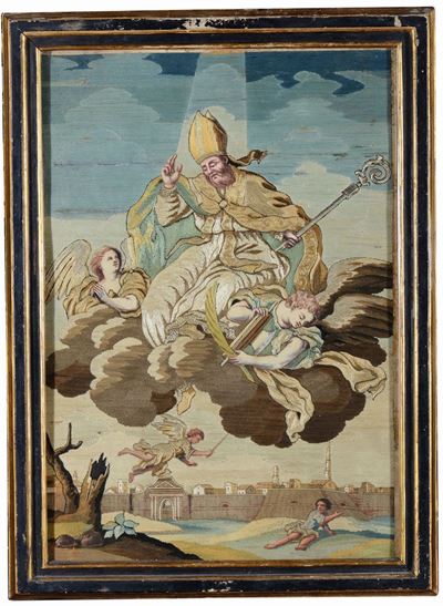 Coppia di Ricami Raffiguranti Sant’oronzo e Sant’irene, Arte Salentina del XVIII Secolo, Marianna...