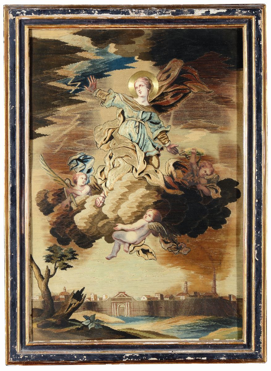 Coppia di Ricami Raffiguranti Sant’oronzo e Sant’irene, Arte Salentina del XVIII Secolo, Marianna...