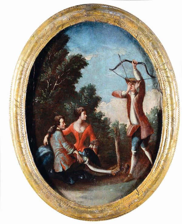 Scuola Napoletana del XVIII secolo Scena di genere con tiro con l'arco