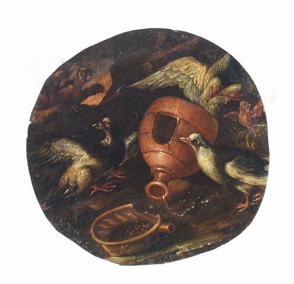 Nicola Cassisa (? - Napoli 1730) Natura morta con uccelli