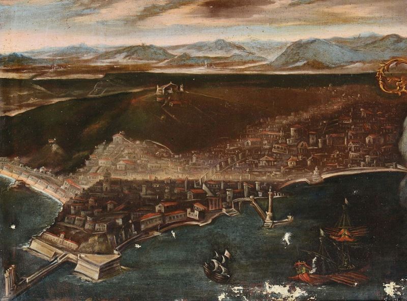 Scuola Napoletana del XVII secolo Veduta di Napoli  - Asta Dipinti Antichi - Cambi Casa d'Aste