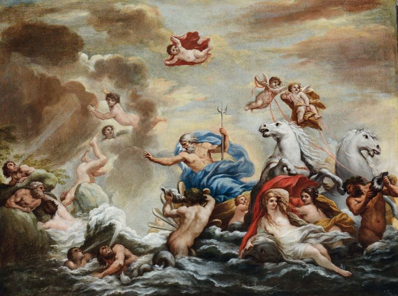 Pietro da Cortona (Cortona 1596 - Roma 1669), copia da Scena mitologica con Nettuno  - Asta Dipinti Antichi - Cambi Casa d'Aste