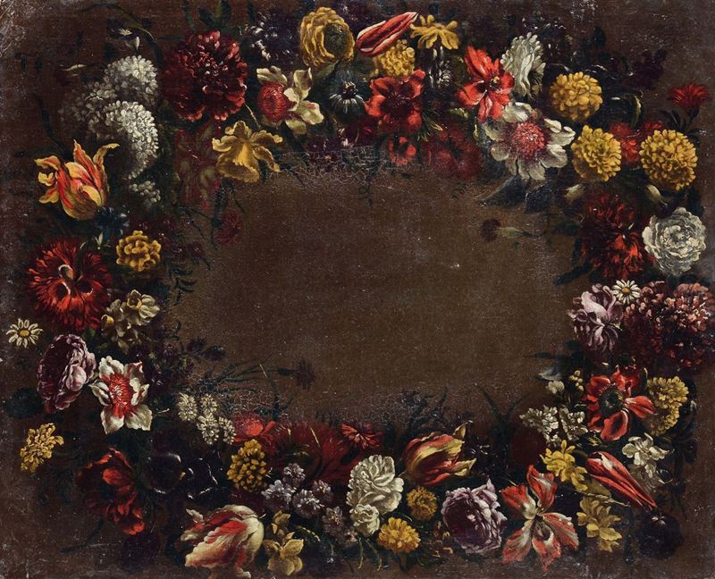 Scuola Romana del XVII secolo Corona di fiori  - Asta Dipinti Antichi - Cambi Casa d'Aste