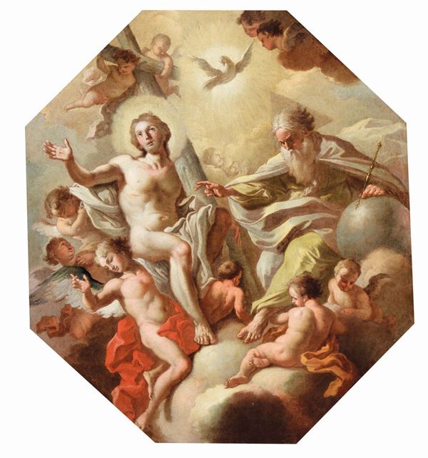 Scuola Napoletana del XVII secolo Cristo e Dio padre in gloria tra angeli