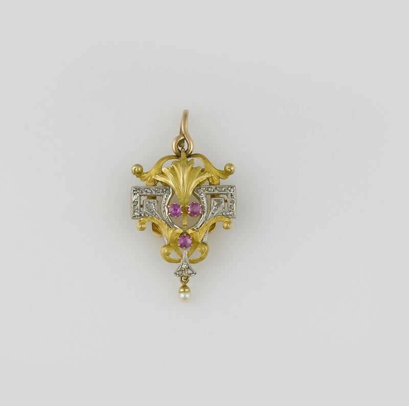 Spilla/pendente con rosette di diamante e piccoli rubini  - Asta Fine Jewels - Cambi Casa d'Aste