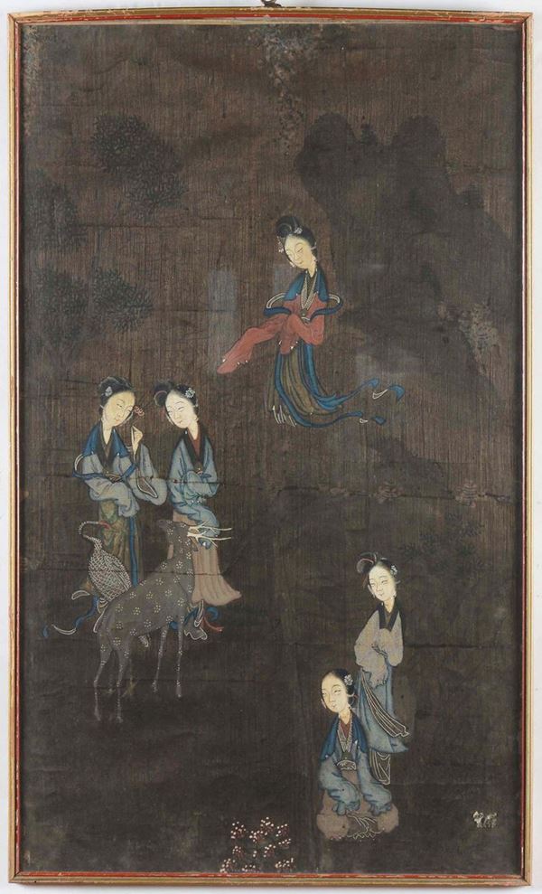 Lotto di dodici dipinti su carta raffiguranti Guanyin e cervi, Cina, Dinastia Qing, XIX secolo