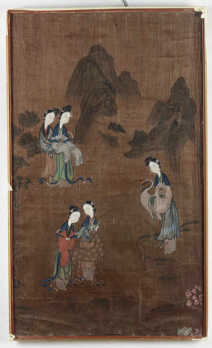 Lotto di Dodici Dipinti su Carta Raffiguranti Guanyin e Cervi, Cina, Dinastia Qing, XIX Secolo