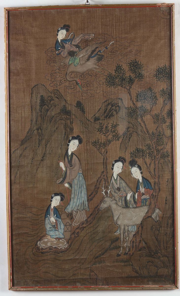 Lotto di Dodici Dipinti su Carta Raffiguranti Guanyin e Cervi, Cina, Dinastia Qing, XIX Secolo