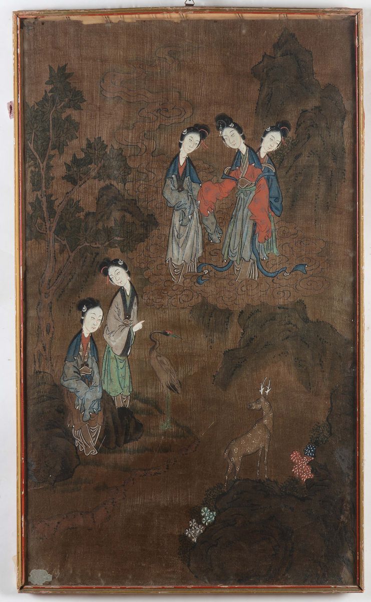 Lotto di Dodici Dipinti su Carta Raffiguranti Guanyin e Cervi, Cina, Dinastia Qing, XIX Secolo