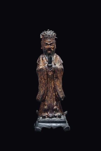 Figura di Dignitario in Bronzo con Tracce di Doratura, Cina, Dinastia Ming, XVII Secolo