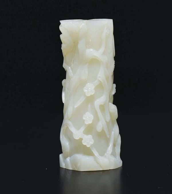 A white jade small vase with deer and flowers in relief, China, 20th century