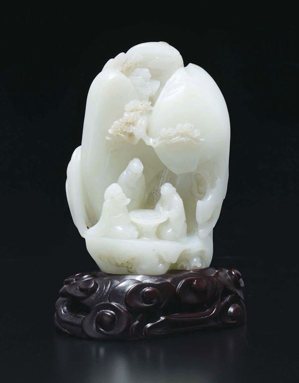 A white jade mountain with wise men between landscape in relief, China, 20th century
