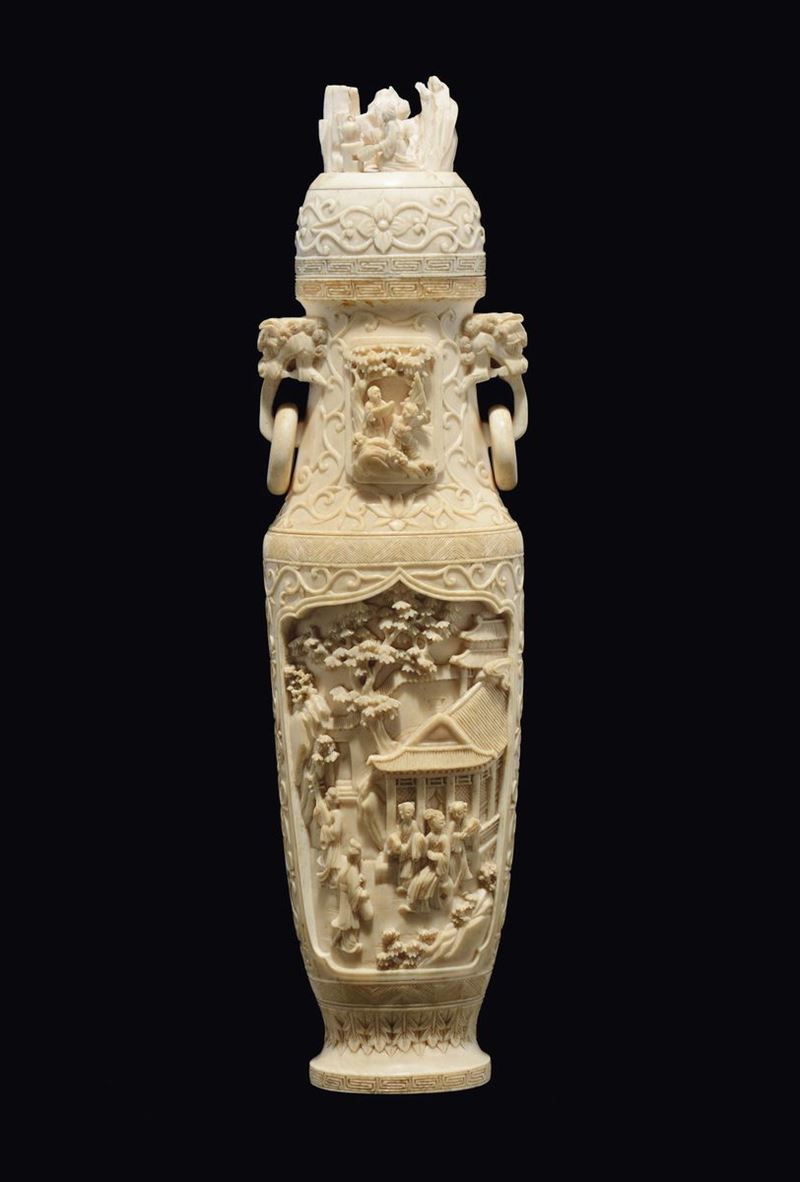 An ivory vase and cover with rings-handles carved with common life scenes within reserves, China, Canton, Qing Dynasty, 19th century  - Auction Fine Chinese Works of Art - Cambi Casa d'Aste