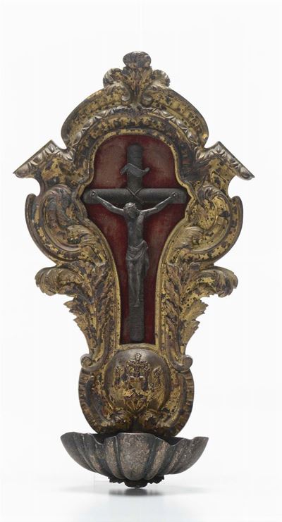 Acquasantiera in Metallo Dorato con Crocifisso, XVIII Secolo