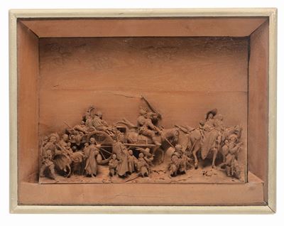 Micro Intaglio in Legno Raffigurante Carovana in Viaggio, Fiandre XVII Secolo