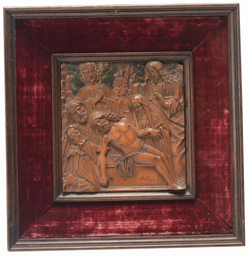 Bassorilievo in legno scolpito con la scena della Deposizione, scuola dell’Italia del Nord, XVIII secolo  - Asta Scultura e Oggetti d'Arte - Cambi Casa d'Aste