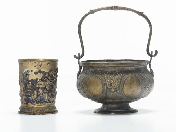 Secchiello in rame e coppa in metallo dorato