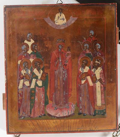 Icona Raffigurante Madonna con Bambino e Santi, XIX Secolo