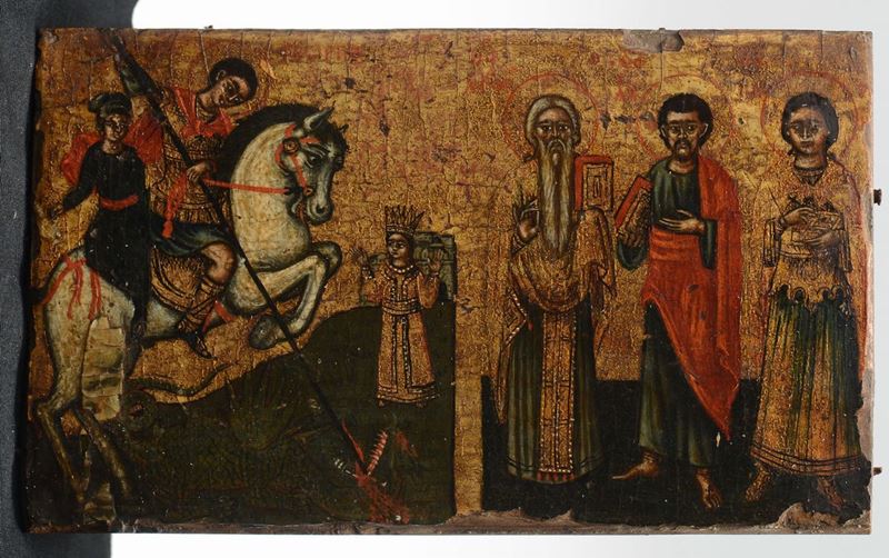 Icona raffigurante S.Giorgio con il Drago e Santi, XIX secolo  - Asta Antiquariato - Cambi Casa d'Aste