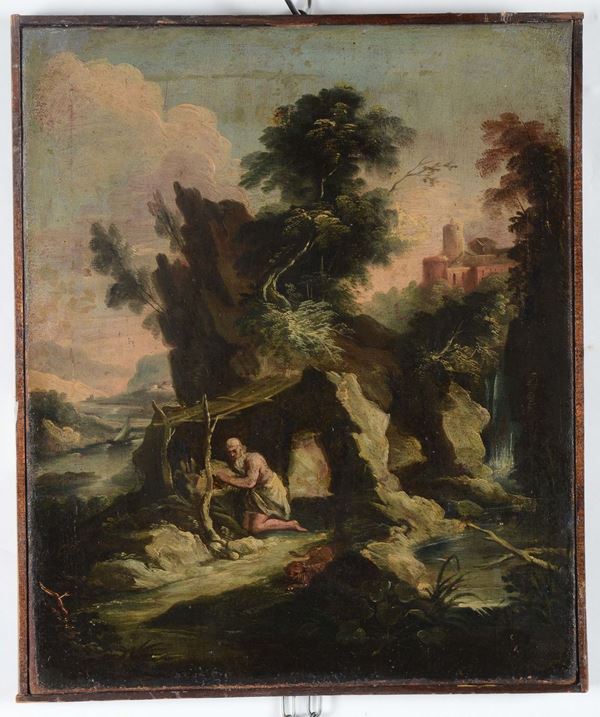 Scuola del XVIII secolo Paesaggio con eremita