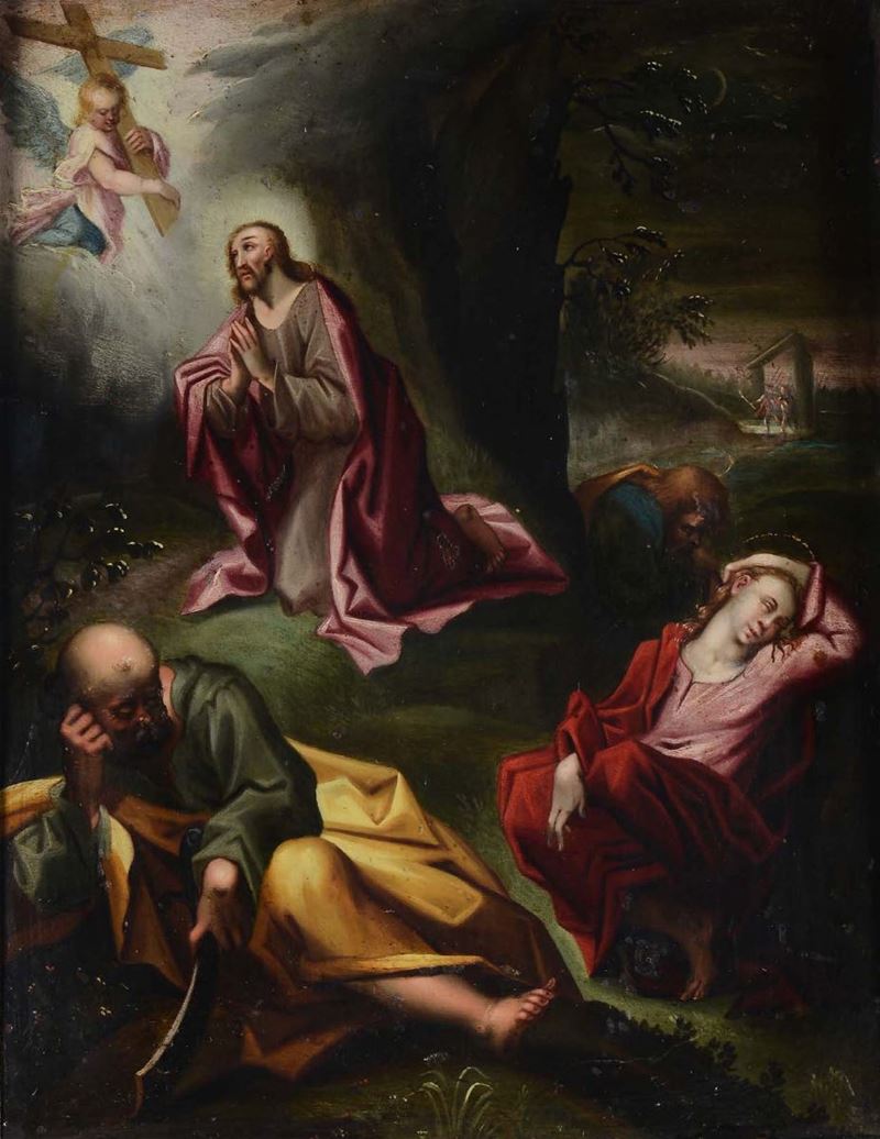 Scuola Fiamminga del XVII secolo Gesù nel Getsemani con apostoli dormienti  - Asta Dipinti Antichi - Cambi Casa d'Aste