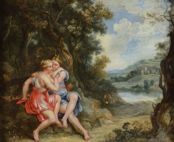Scuola del nord Europa del XVIII secolo Paesaggio con figura femminile