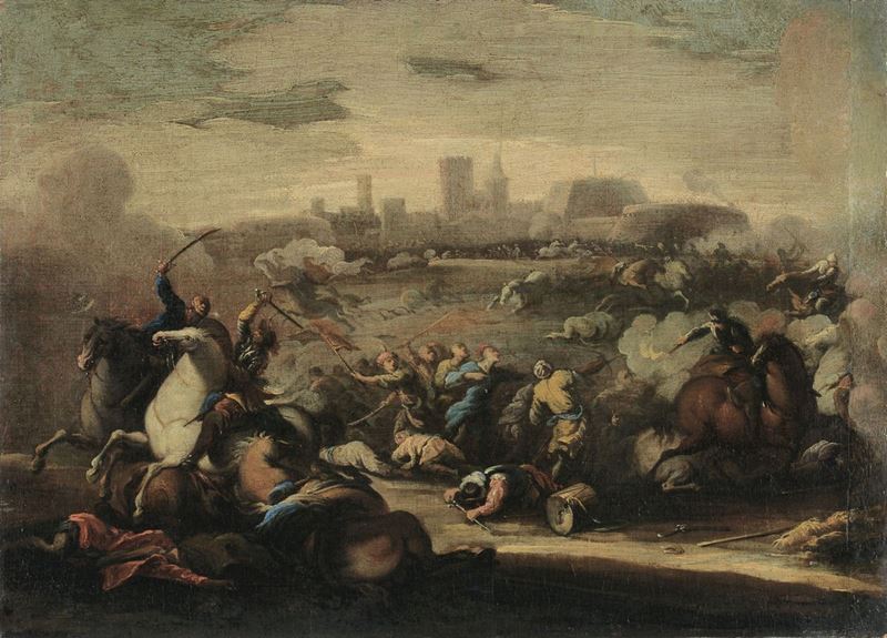 Scuola Napoletana degli inizi del XVIII secolo Scontro di cavalleria  - Asta Dipinti Antichi - Cambi Casa d'Aste